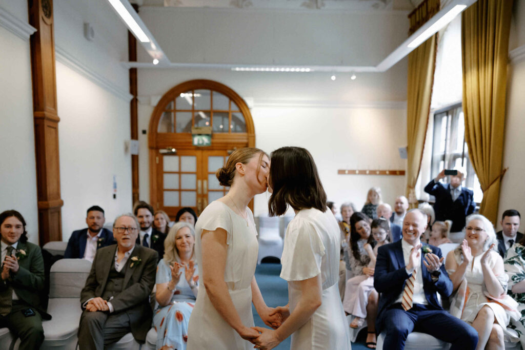 First Kiss at Sheffield Town Hall LGBTQ+ Same Sex Wedding
