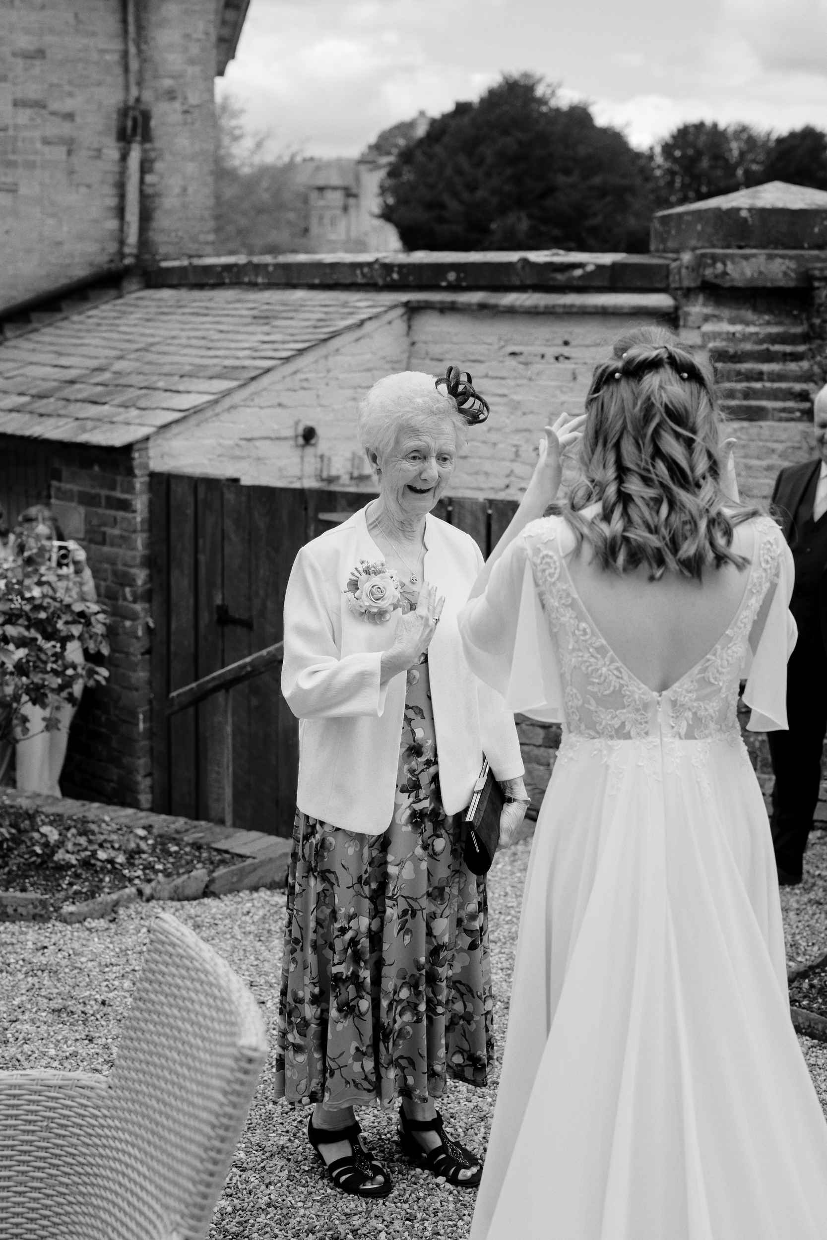 Grandmother first look in black and white of the bride at Sledmere House.