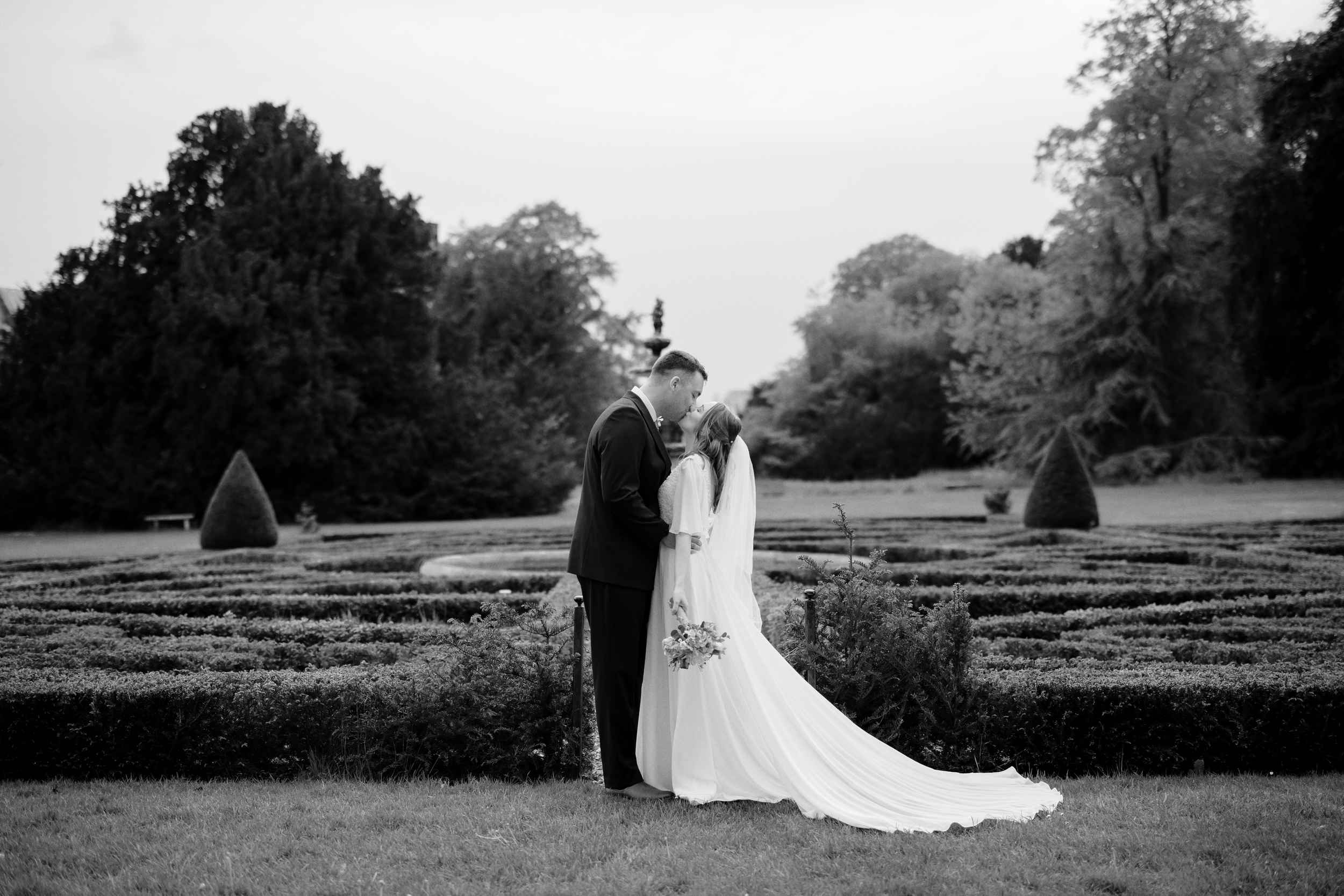B&W portrait of the couple after their wedding ceremony at Sledmere House