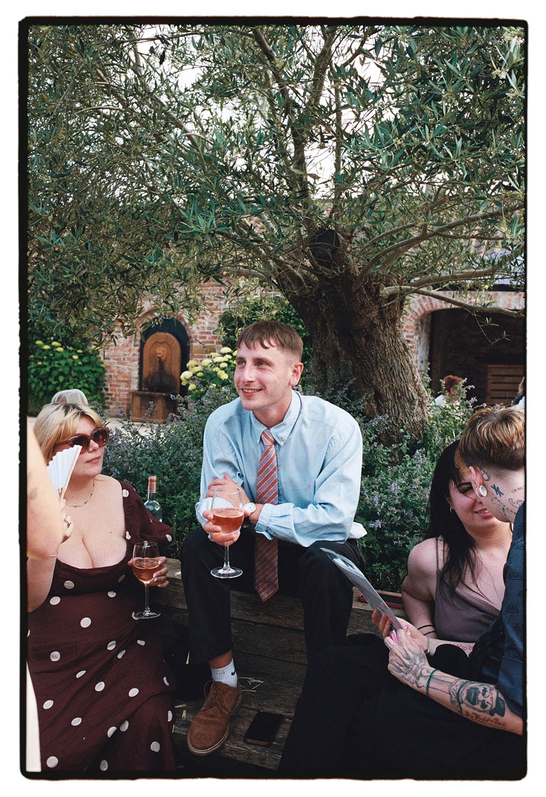 35mm film photo of guests with drinks under the old olive tree in the Thirsk Lodge Barns courtyard